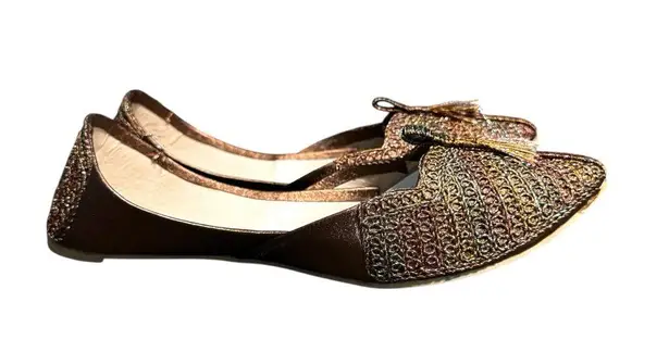 None Women's Brown and Gold Wedding Bridal Khussa Indian Wedding Jutti Punjabi Flats