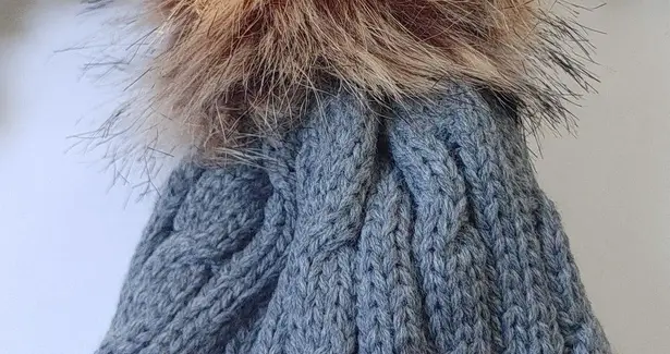Grey Cable Knit Pom Pom Beanie Knit Hat Gray