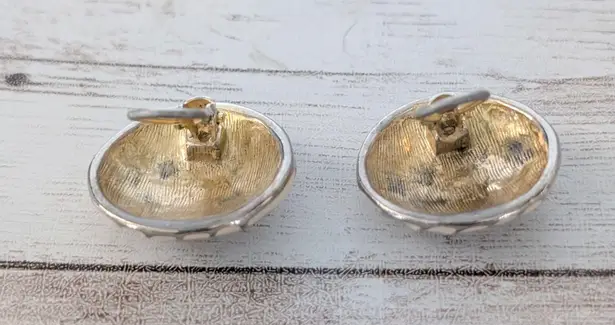 Vintage Clip On Earrings Circle with Cream Enamel & Wavy Lines