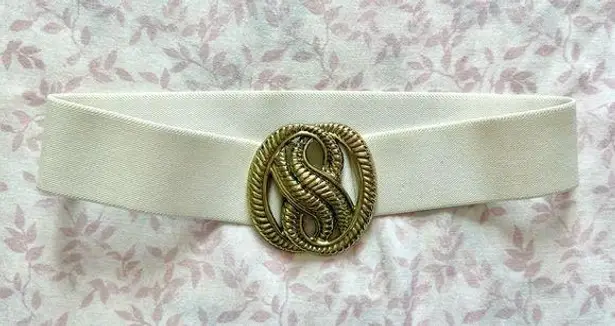 Vintage Cream Elastic Belt with Brass Wrap Buckle Gold