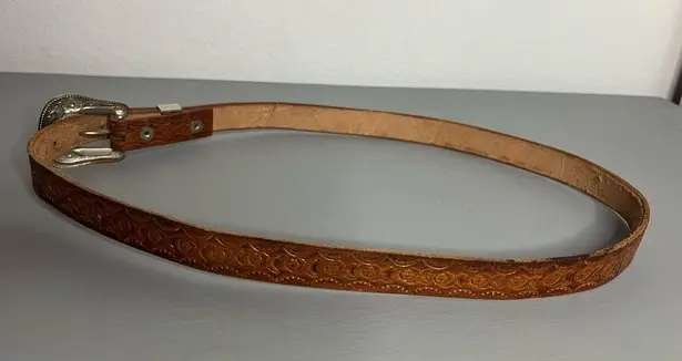 Vintage early 1990s Western Tooled Leather Belt Silver Buckle ClassicBohoCowboy Brown