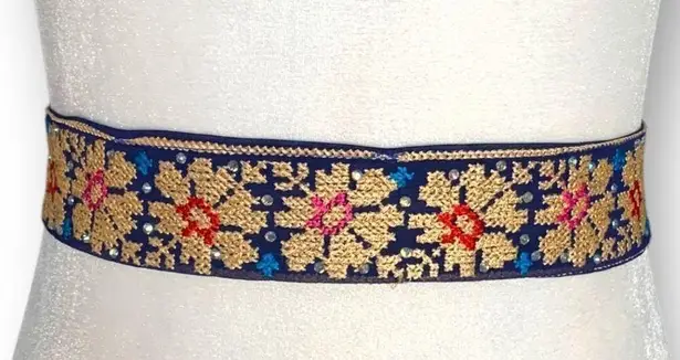 Handmade Belt Navy Blue Cross Stitch Flowers Folkloric Sheer Tie Back