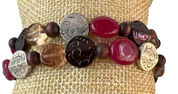Set of 2 Multi Color Glass Beaded Stretch Bracelets Ceramic Red Brown Copper
