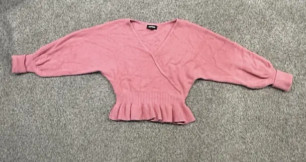 EXPRESS  Pink V-Neck Sweater with Ruffled Hem and Long Sleeves - Image 1