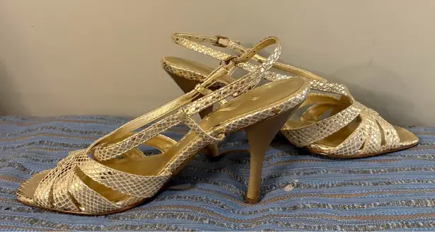 Nina Cracked Gold Leather Strappy Slingback Sandals - Size 9