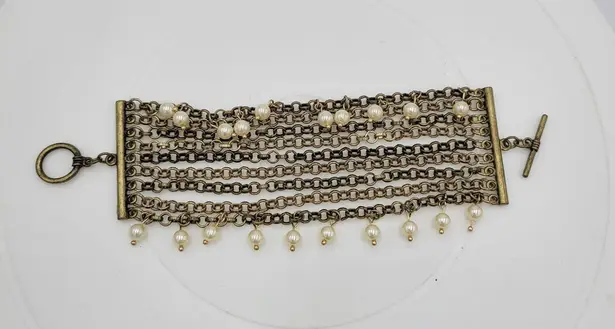 VTG Pinned Pearl Cuff Bracelet 8" Gold Tone White Beads Wide Toggle Closure