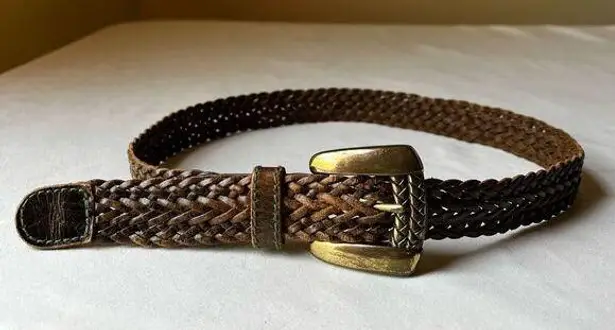 Vintage 1991 Liz Claiborne Belt Braided Brown Leather Gold Tone Chunky Buckle XS