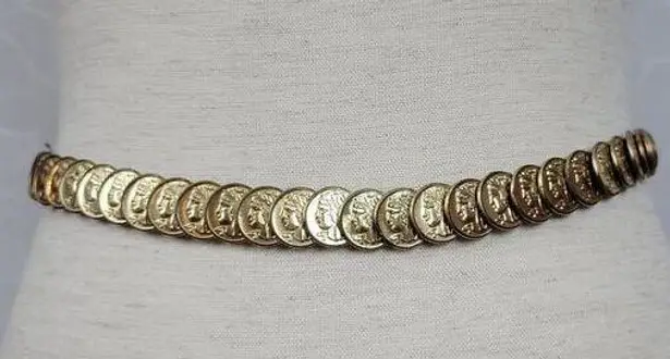 Vintage Gold Tone Embossed Metal Disc Coins Elastic Waist Belt Disco Glam