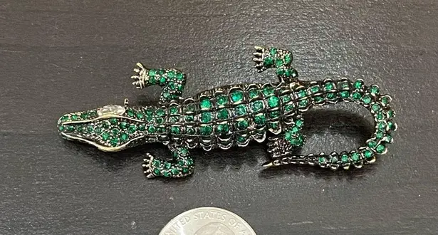 Antique Style Green Alligator Gator Crocodile Rhinestones Bling Brooch
