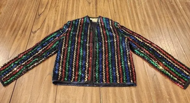 Ann green artsy black colorful sequin vintage open Cardigan Sweater Red
