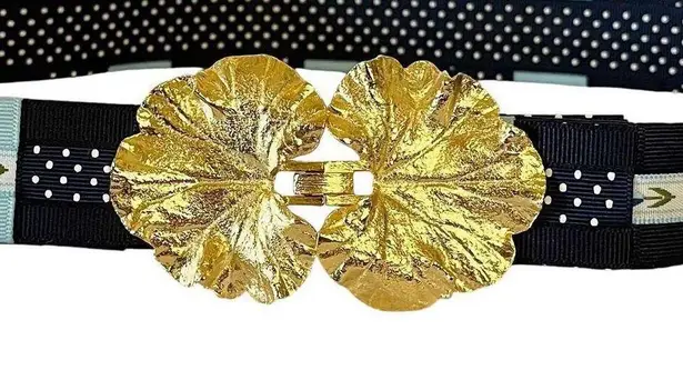 Mimi Di N Vintage Gold-Tone Leaf Buckle with Woven Blue Fabric Statement Belt
