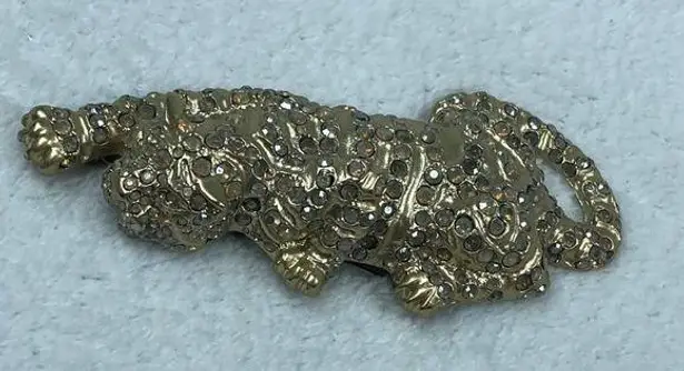 Vintage Gold Tone Big Cat Stalking Panther Cheetah Leopard Rhinestone Pin Brooch