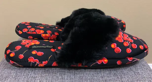Victoria's Secret Black Red Cherry Satin Slippers Medium