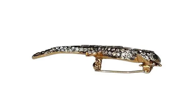 Vtg Clear & Green Rhinestones Reptile Lizard Gecko Jewelry Brooch Mint Condition Gold