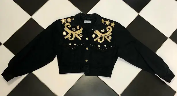 Paris Blues Vintage Y2K Denim Jean Jacket Black Gold Glitter Stars Mirrored sz M