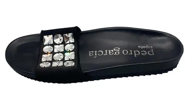 Pedro Garcia Amery Swarovski Crystal Satin & Leather Jeweled Slide Sandals Black Size 10