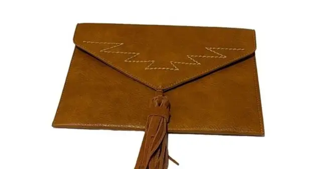 Envelope Clutch Embroidered Detail Leather Tassel Brown