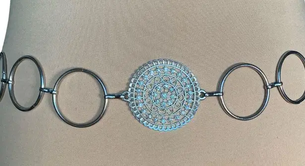 None Silver Tone Rhinestone Filigree Medallion Chain Link Belt Adjustable Fit Boho