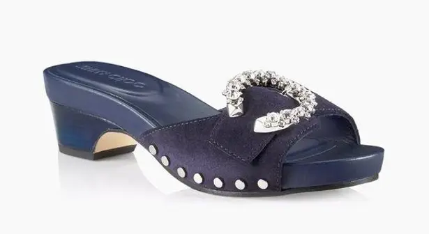 Jimmy Choo NIB - Arlia Suede Crystal Buckle Casual Wedge Sandals in Navy Sz 36.5