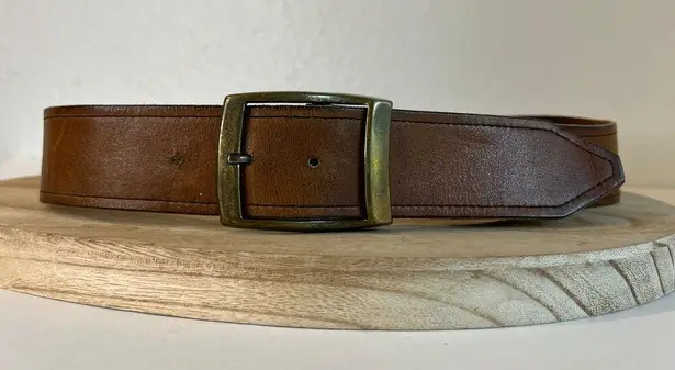 Vintage 90s Soft Tan Genuine Leather Chunky Brass Buckle Belt Size M/L Size M