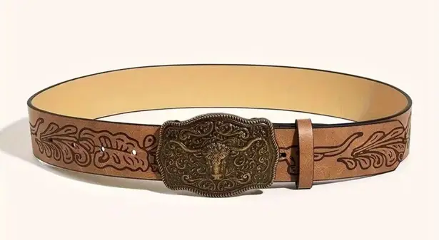 Western Bull Head Buckle Unisex‎ Belt Vintage Embossed Brown PU Leather Belt Size M