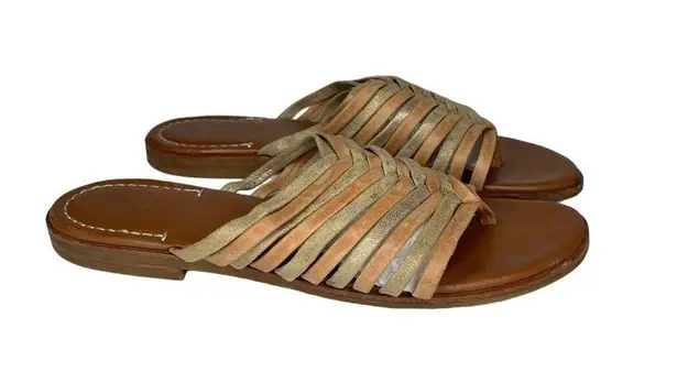 Johnston & Murphy tan gold sueded leather braided slip on toe loop sandals 10