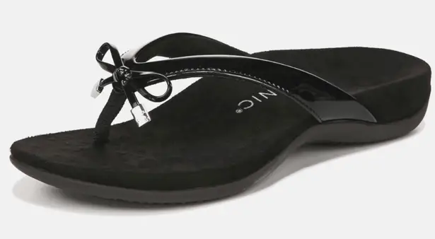 Vionic Womens 11 Bella Black Patent Leather Bow Flip Flop Sandals Arch Support