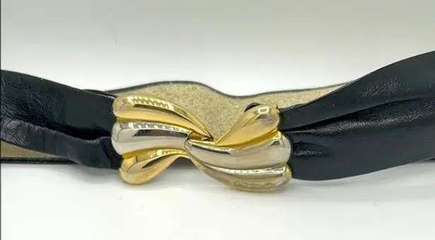 Vintage Black Leather Belt with Gold and Silver Scallop Buckle