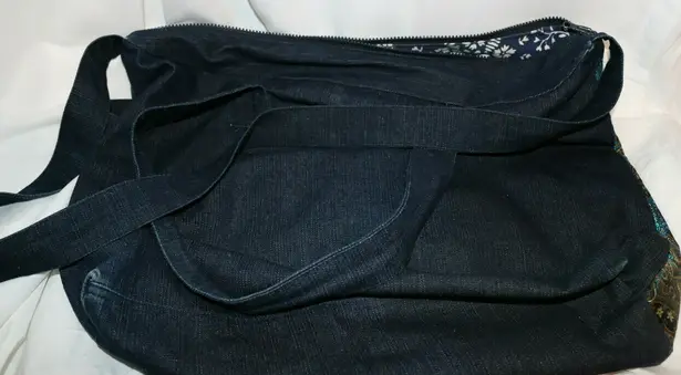 Denim Overnight Messenger Bag Ethnic Embroidery Travel Carry On Weekender Large Tote with Fringes