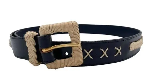 Vintage 80s 90s Milor Braided Stitch Leather Belt Black Ivory Size Medium Large