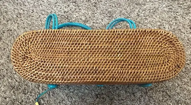 Elliott Lucca Turquoise green leather trim straw rattan woven stiff basket bag