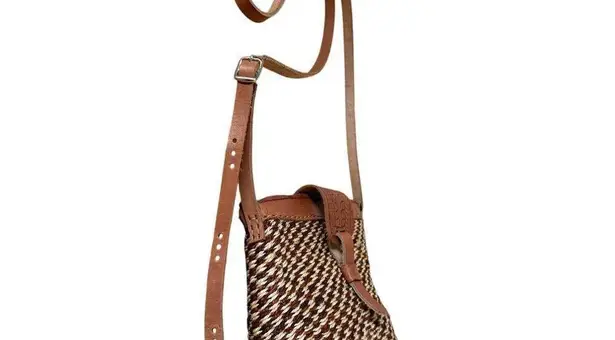 Vintage Medium Sisal & Tooled Leather Adjustable Crossbody Bag Brown