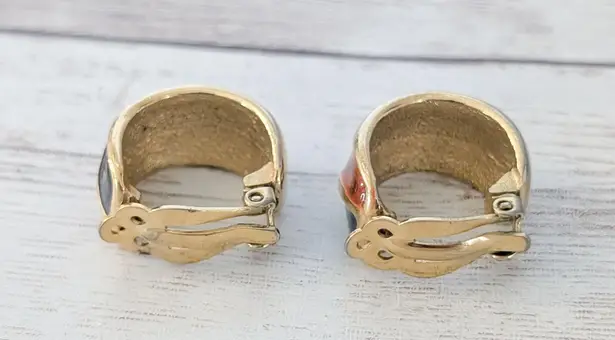 Vintage Clip On Earrings Statement Retro Large Hoops Burgundy, Black Gold Tone