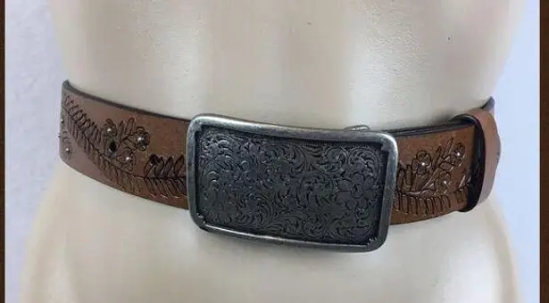 Faded Glory  Brown Leather Floral Leaf Embossed Print Chunky Western Belt S/M