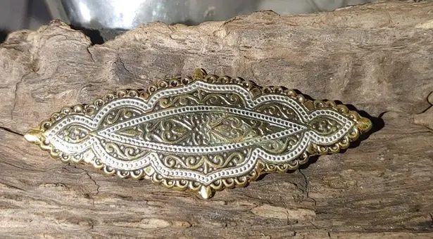 Antique Vintage Damascene Art Deco Gold Tone Silver Filigree Bar Brooch Pin FLAW