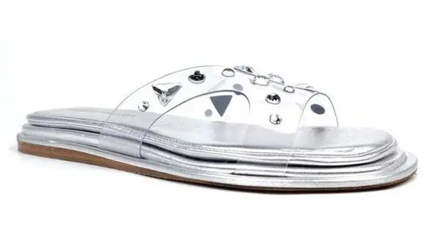 Tamara Mellon Stellaire Flat Slide Sandals Clear And Crystal Silver Women's 37.5 Size 7.5