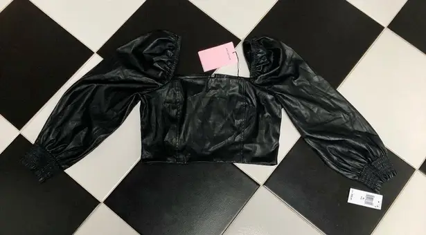 Avec Les Filles NWT Faux Leather Black Crop Top Smocked Puffy Balloon Sleeves M