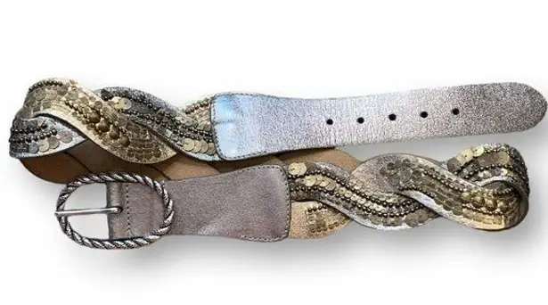 Vintage Statement Belt Metallic Silver Gold Braided Leather Sequins Beads Boho Gold