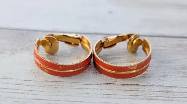 Vintage Clip On Earrings Orange & Gold Tone Hoops