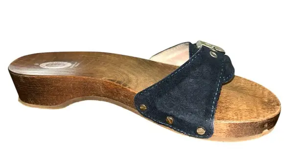 Dr. Scholl’s Original 2008 Women’s Y2K Wooden Navy Suede Clogs w/ Box – Size 9 Brown