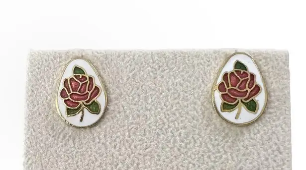 Vintage Red Rose Cloisonné Enamel Egg Shaped Pierced Earrings