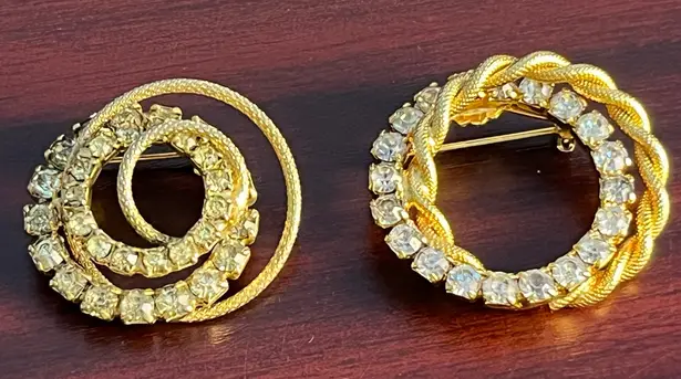 VTG Rhinestone Brooch Lot of 2 Gold Tone Concentric Circles Coquette Glam Bling