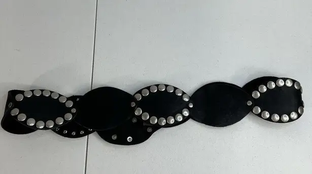 Leather Studded Belt Large 38 Bling Buckle Conch Style Black Silver Southwestern