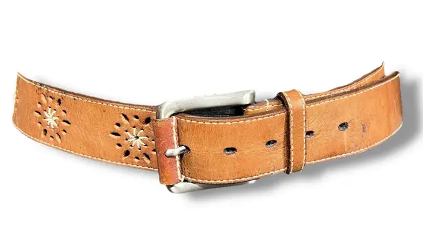 Womens Genuine Leather Belt Floral Accent Buckle Closure Brown Large 33 to 36
