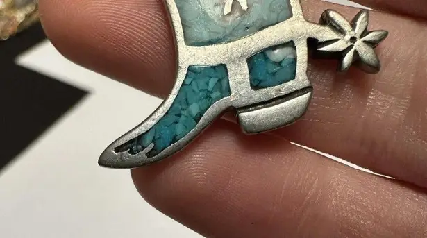 Signed COP Pewter Silver Tone / Turquoise Blue Color Cowgirl Boot With Spur