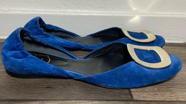 ROGER VIVIER Suede Ballerine Chips Strass D'orsay Flat Mirrored Buckle Blue 7.5