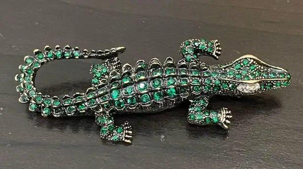 Antique Style Green Alligator Gator Crocodile Rhinestones Bling Brooch