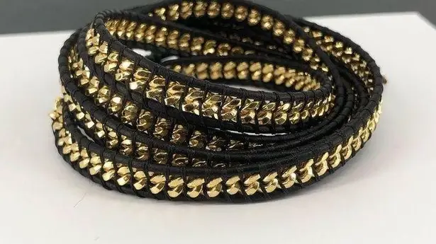 Ronnie M Golden Midnight Black Leather Gold Chain Adjustable Wrap Bracelet
