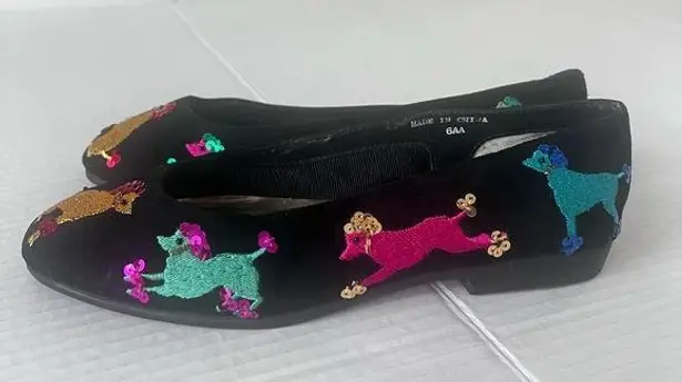 Vtg Beverly Feldman poodle dog print flats Woman Colorful Embroidery Size 6AA >