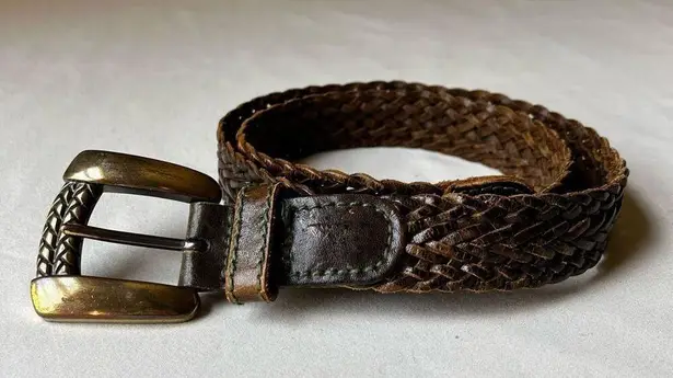Vintage 1991 Liz Claiborne Belt Braided Brown Leather Gold Tone Chunky Buckle XS
